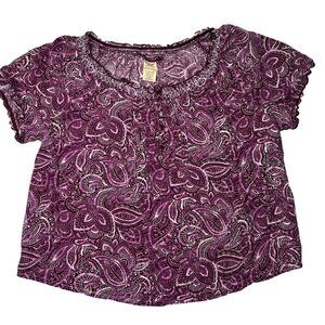 Large Faded Glory Purple Paisley Blouse With Ruffled Neckline & Short Sleeves‎